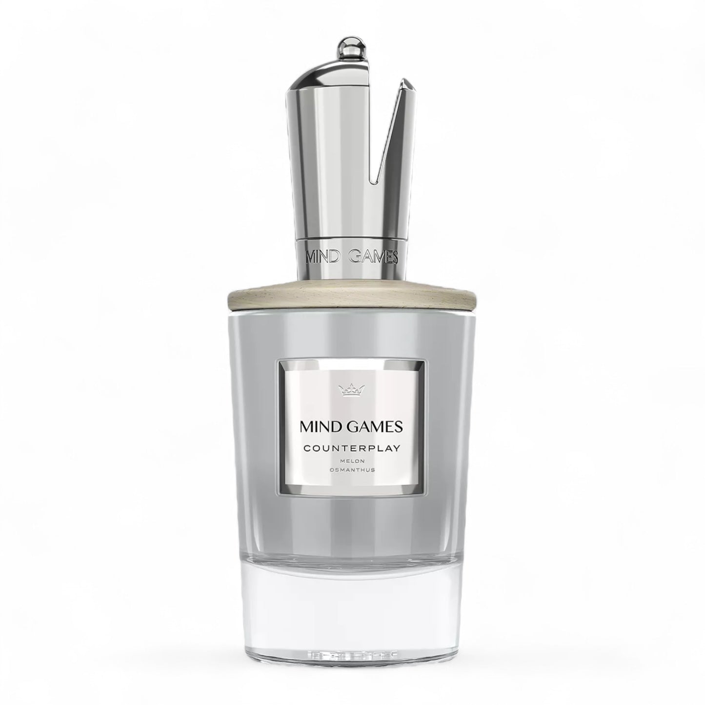 Mind Games Counterplay fragrance sample – woody fruity floral scent with melon, guava, and banana, pictured full 100ml bottle