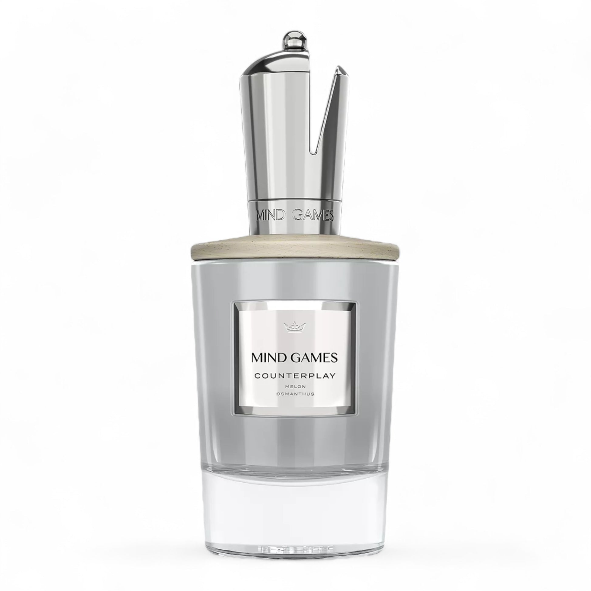 Mind Games Counterplay fragrance sample – woody fruity floral scent with melon, guava, and banana, pictured full 100ml bottle