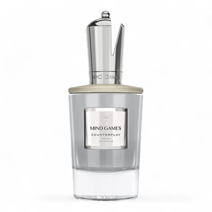 Mind Games Counterplay fragrance sample – woody fruity floral scent with melon, guava, and banana, pictured full 100ml bottle