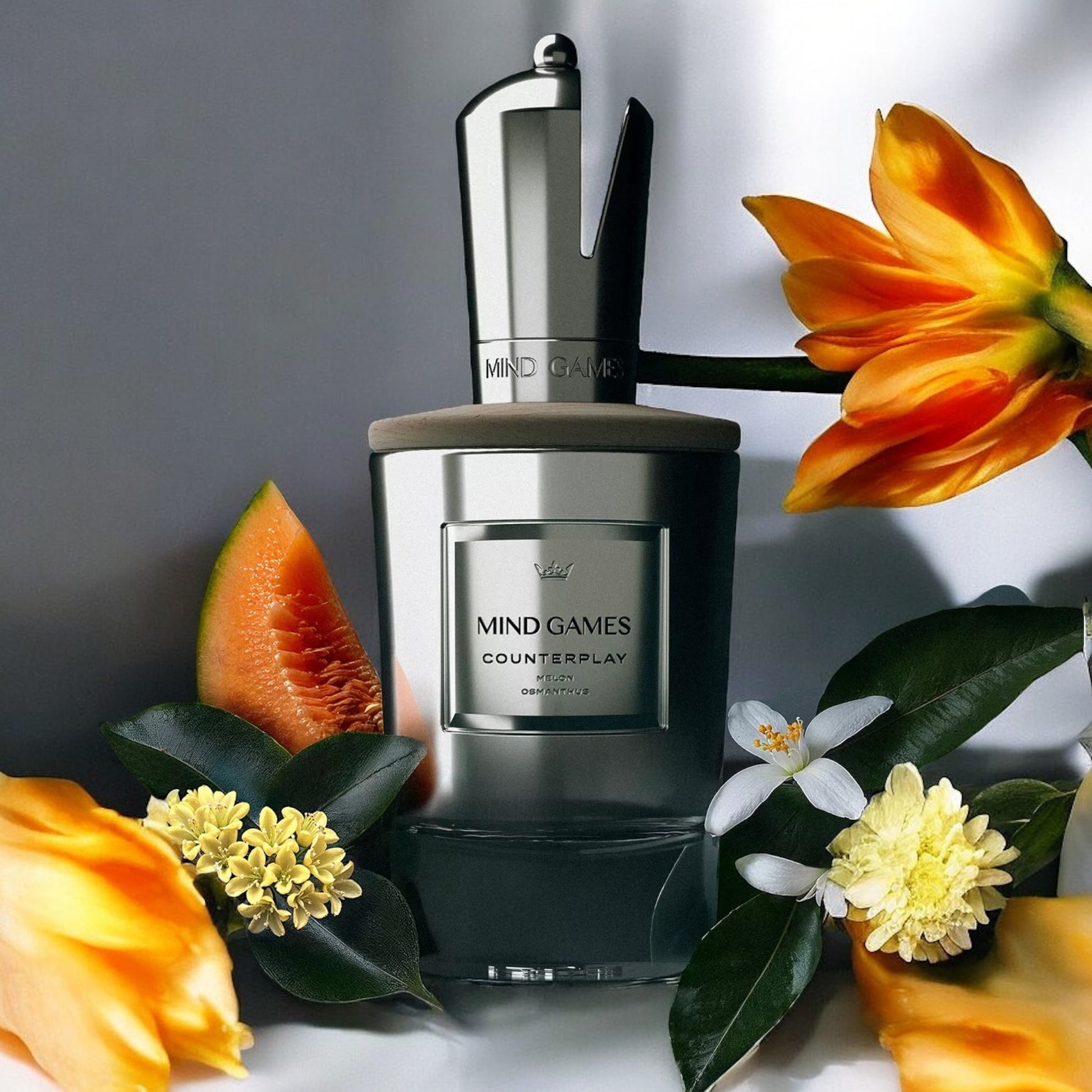 Mind Games Counterplay perfume sample – ripe melon and honeyed florals in a warm, sunlit summer setting.
