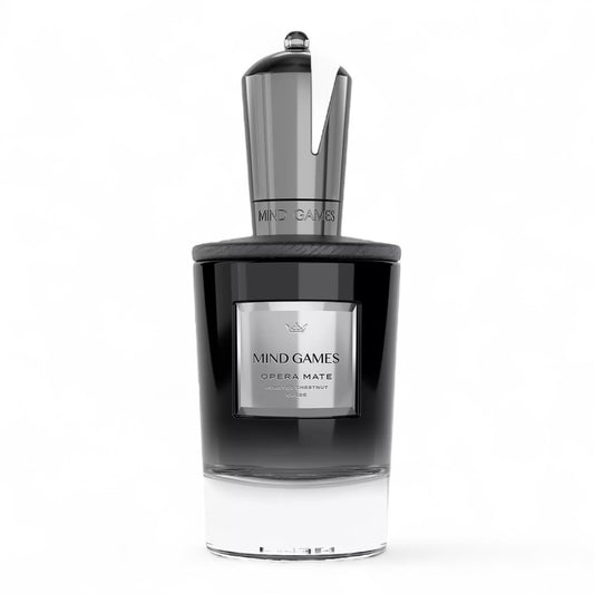 Mind Games Opera Mate fragrance sample - woody edible amber with roasted chestnut, crème brûlée, and caramel, pictured full 100ml bottle
