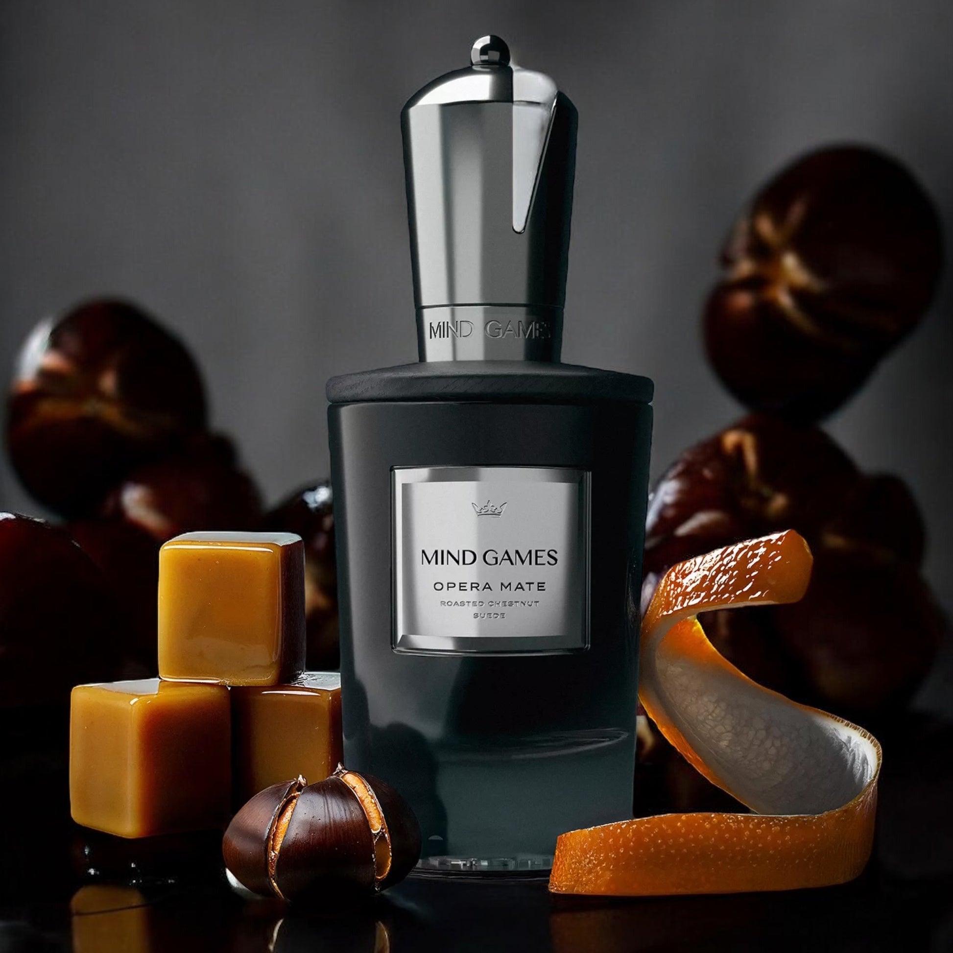 Mind Games Opera Mate perfume sample - rich roasted chestnut and caramel notes in a warm, luxurious setting