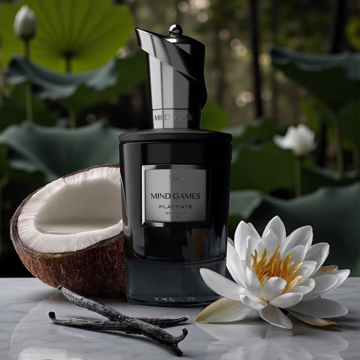 Mind Games Playmate perfume sample – creamy coconut, white floral, and amber notes styled in a peaceful waterlily setting.