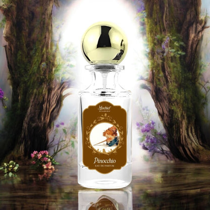 Mischief Academy Pinocchio perfume styled in a warm, natural setting