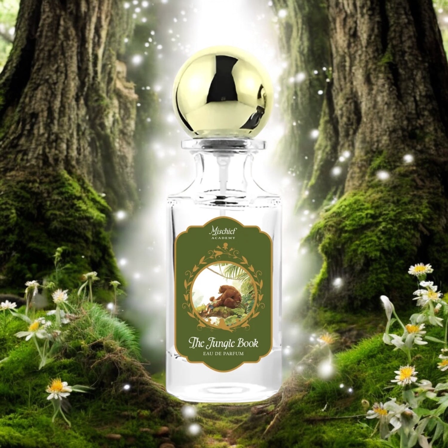 Mischief Academy The Jungle Book perfume styled in a lush, green setting