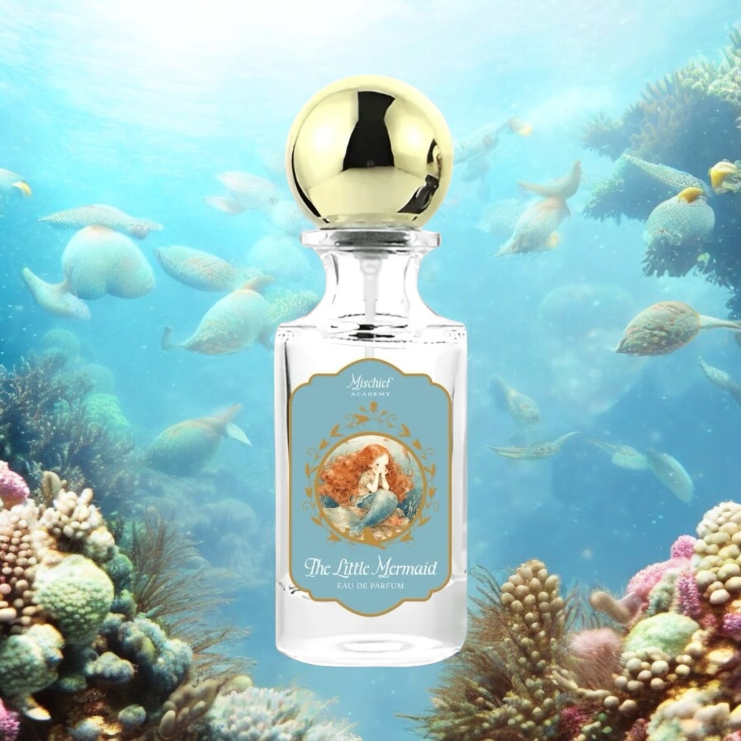 Mischief Academy The Little Mermaid perfume styled in a light, ocean-inspired setting