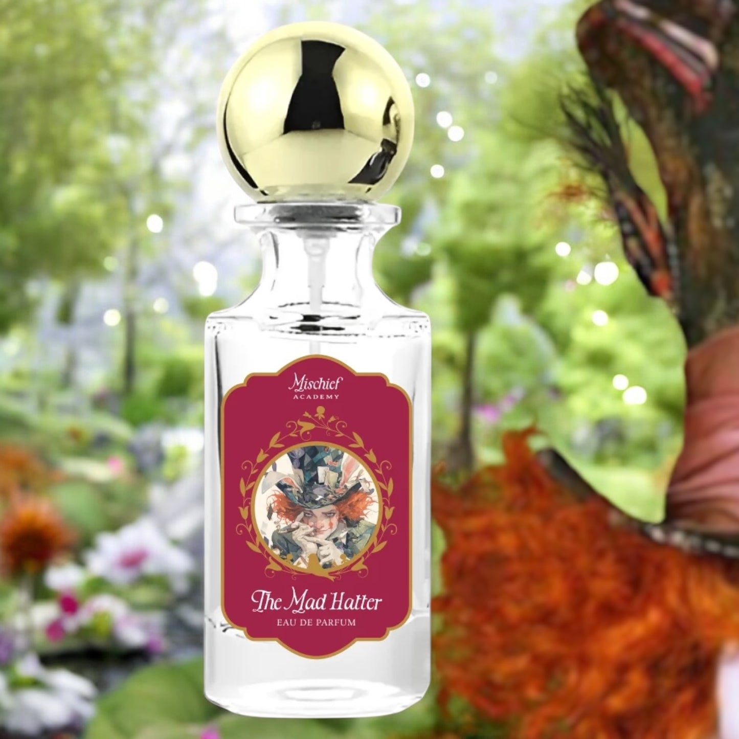 Mischief Academy The Mad Hatter perfume styled in a whimsical, indulgent setting
