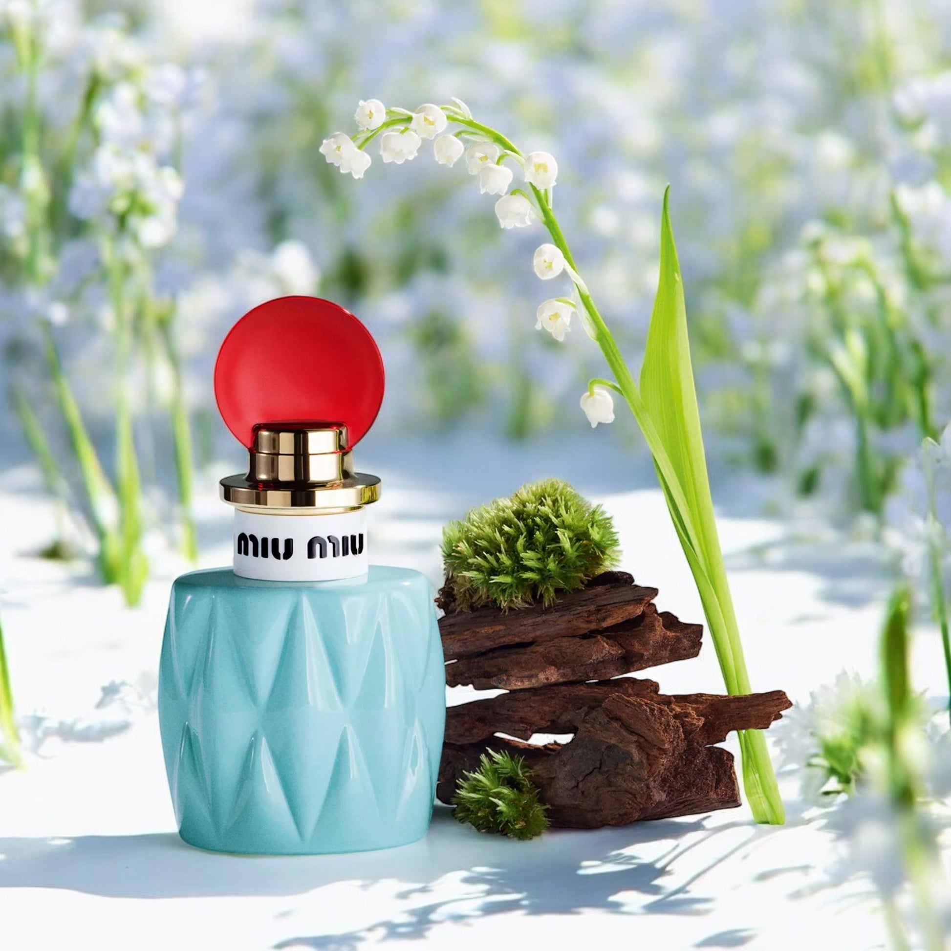 Miu Miu L’Eau de Muguet fragrance sample – lily of the valley and fresh green accords styled in a vibrant spring lifestyle setting.