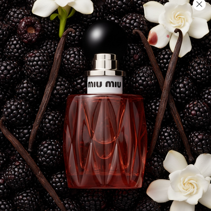 Miu Miu Miutine Intense styled with ripe blackberries, white gardenia flowers and Bourbon vanilla
