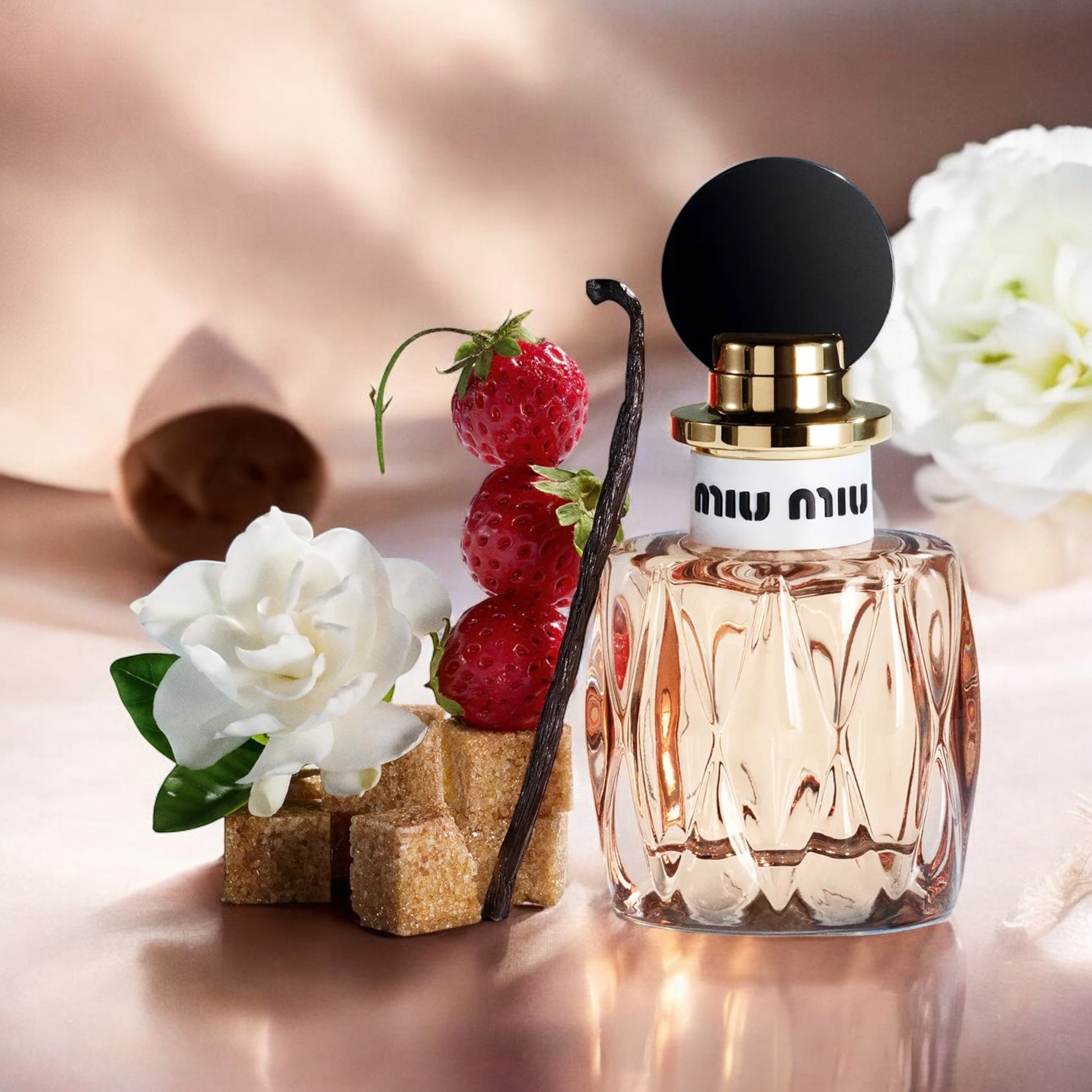 Miu Miu Miutine fragrance sample – wild strawberry, patchouli and brown sugar styled in a chic lifestyle setting