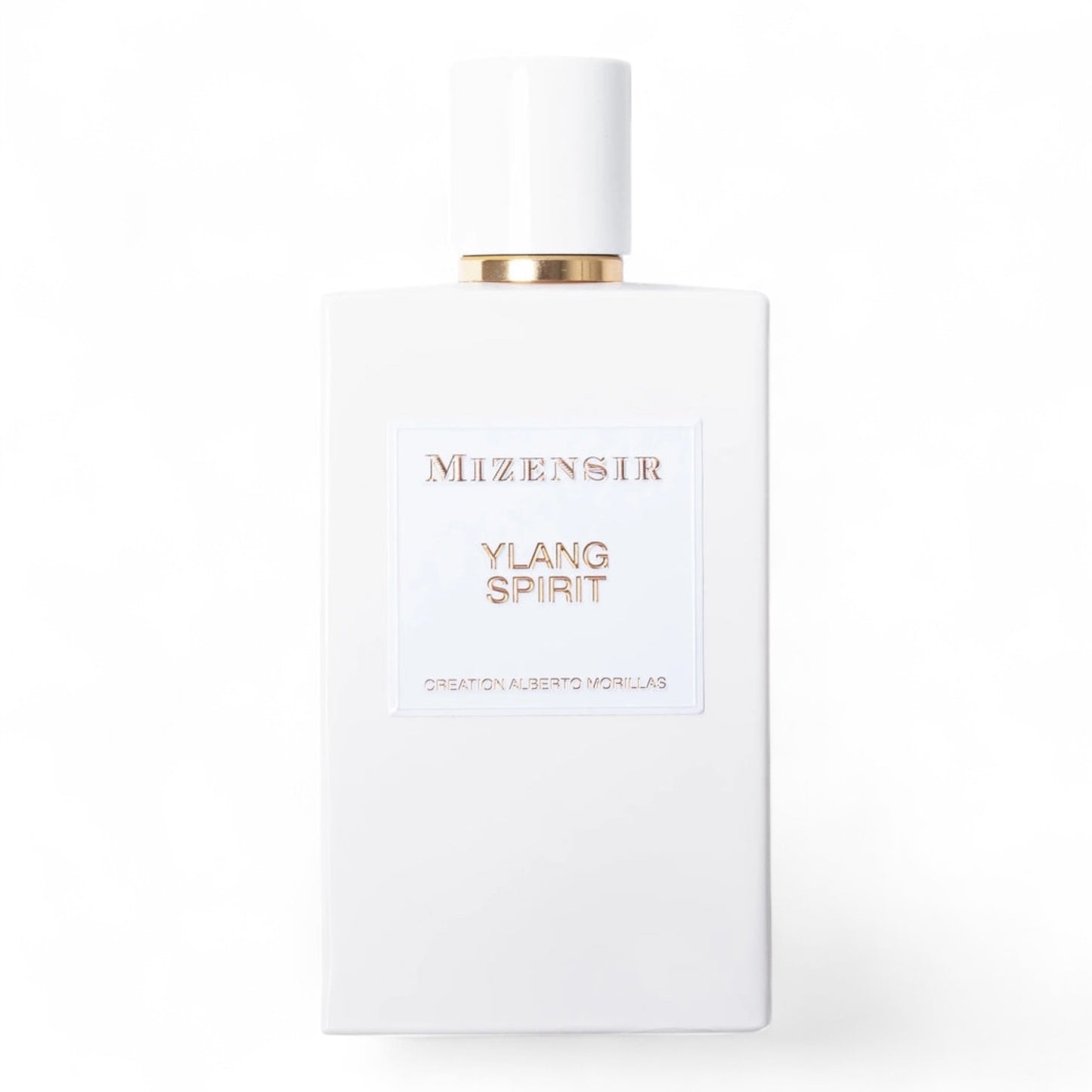 Mizensir Ylang Spirit fragrance sample – floral musky scent with ylang-ylang, vanilla, and jasmine. Pictured full-size 100ml bottle