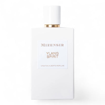 Mizensir Ylang Spirit fragrance sample – floral musky scent with ylang-ylang, vanilla, and jasmine. Pictured full-size 100ml bottle