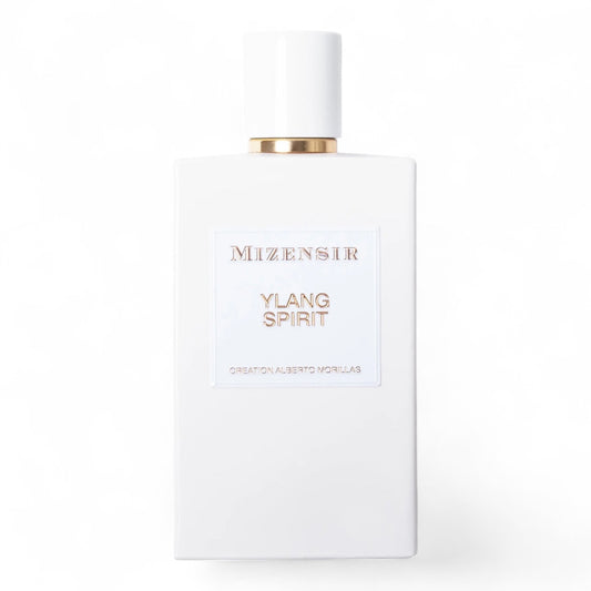 Mizensir Ylang Spirit fragrance sample – floral musky scent with ylang-ylang, vanilla, and jasmine. Pictured full-size 100ml bottle