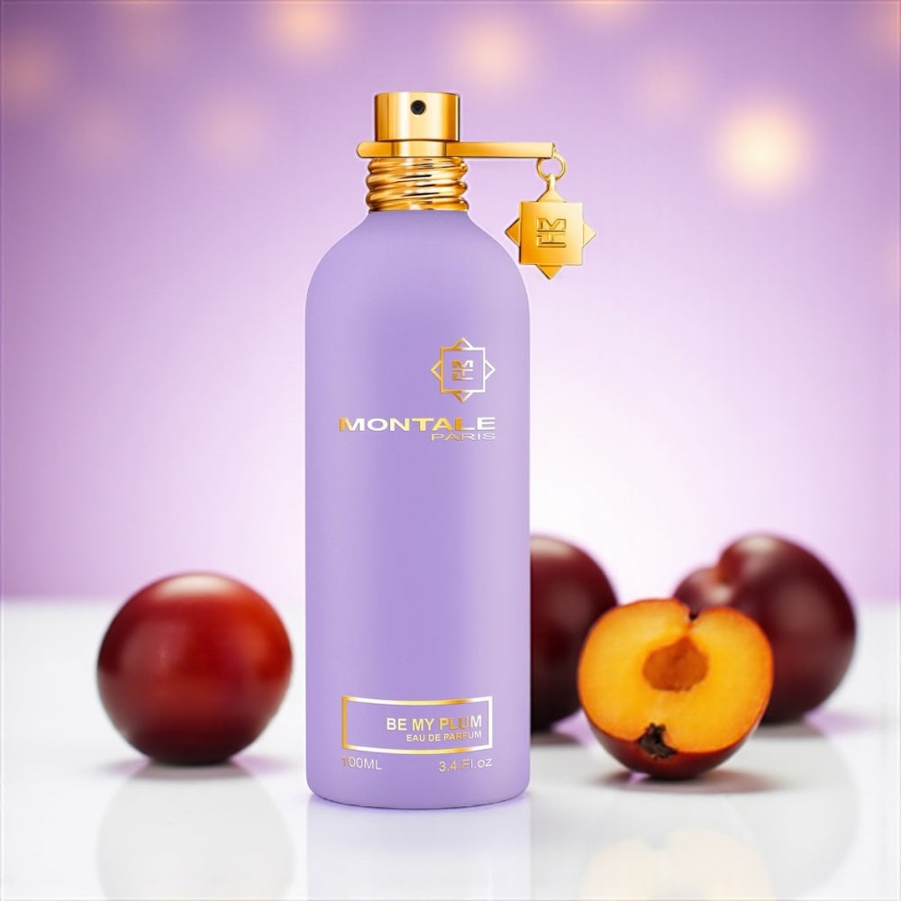 Montale Be My Plum perfume sample – juicy plum, white florals, and vanilla musk notes styled in a sensual, dusky setting.