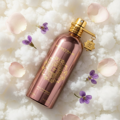 Montale Holy Musk styled with rose petals, violet florers and soft white musks, evoking purity and elegance
