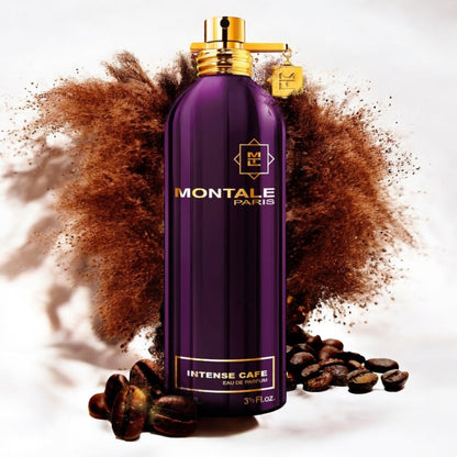 Montale Intense Café perfume sample - coffee and rose perfume styled in a decadent coffee setting.