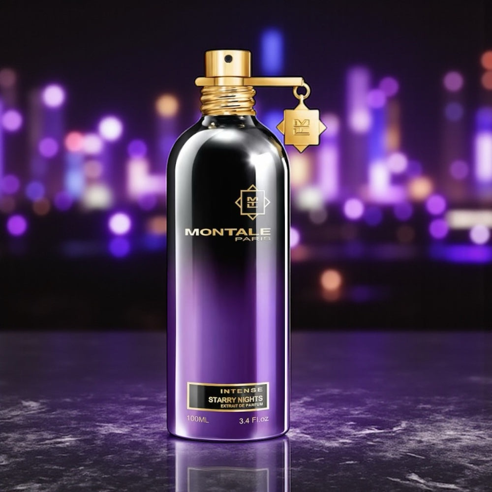 Montale Starry Nights Intense perfume sample – luminous rose, amber, and white musk notes styled in a starry midnight setting.