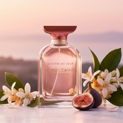 Moroccanoil Lumière du Jour perfume styled in a bright Mediterranean setting
