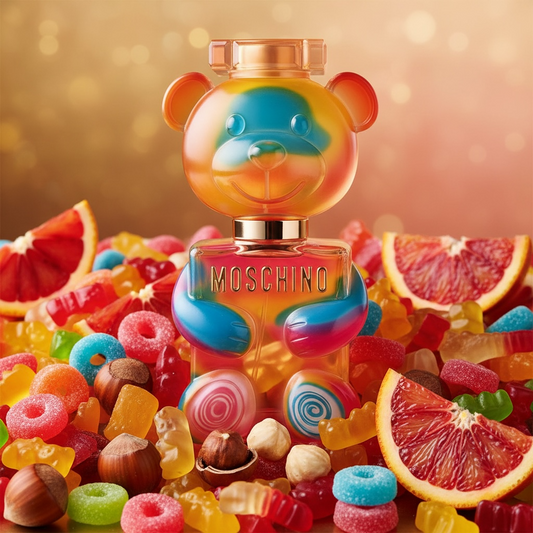 Moschino Toy 2 Gummy perfume styled in a colourful, candy-inspired setting