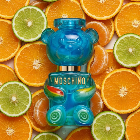 Moschino Toy 2 Yummy perfume styled in a bright, colourful setting