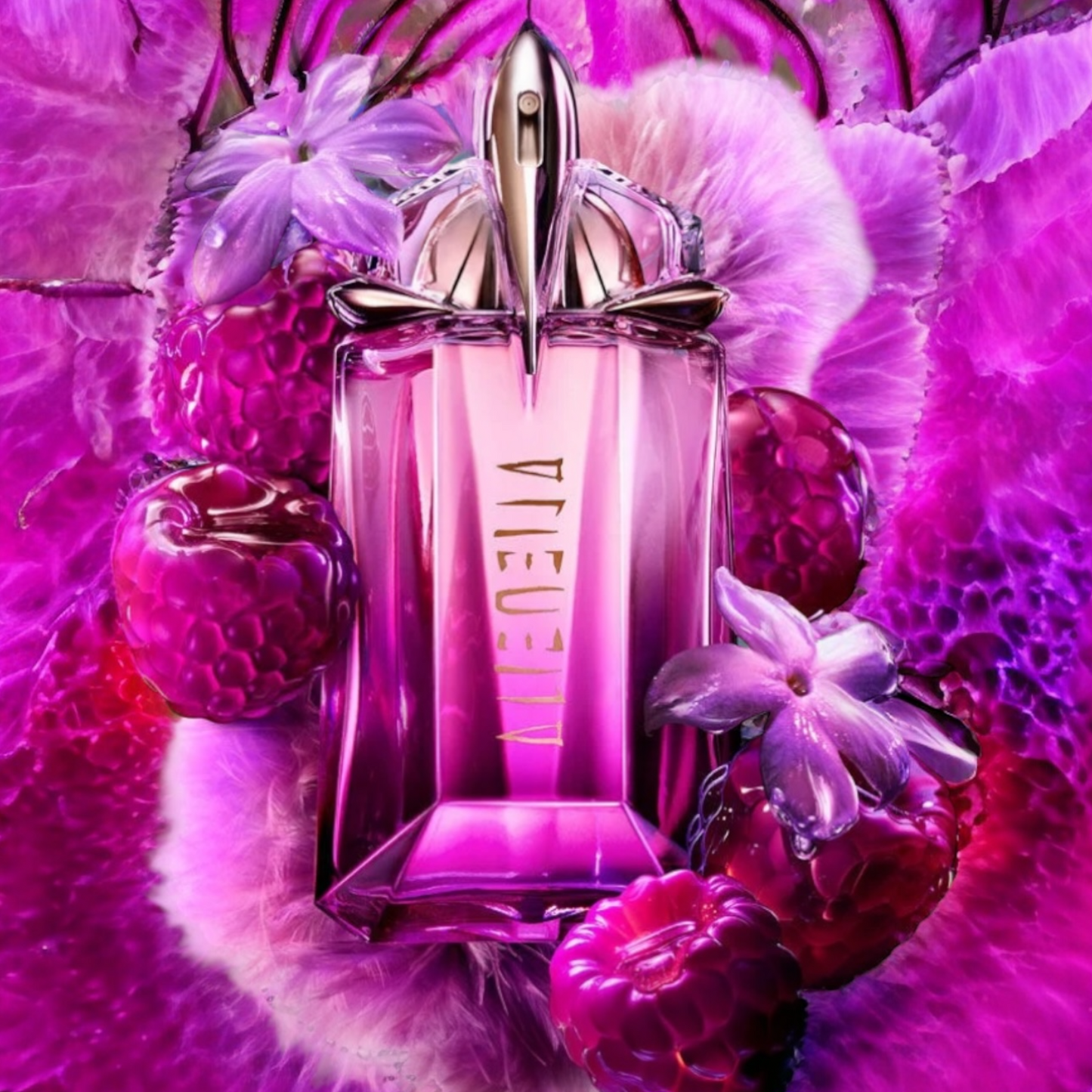 Mugler Alien Pulp perfume styled in lush fruity setting with raspberries, jasmine and pink musk