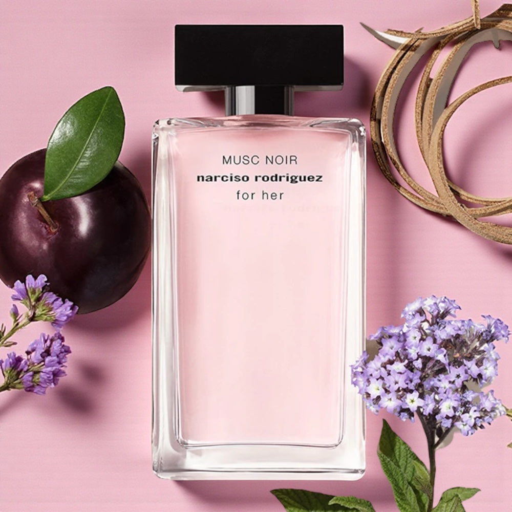 Narciso Rodriguez For Her Musc Noir perfume styled in an elegant, sensual setting