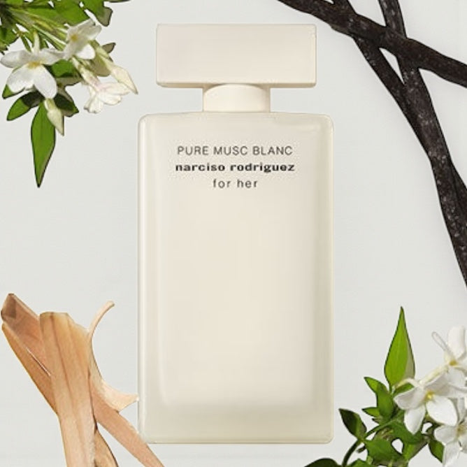 Narciso Rodriguez For Her Pure Musc Blanc perfume styled in a clean, luminous setting