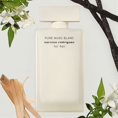 Narciso Rodriguez For Her Pure Musc Blanc perfume styled in a clean, luminous setting