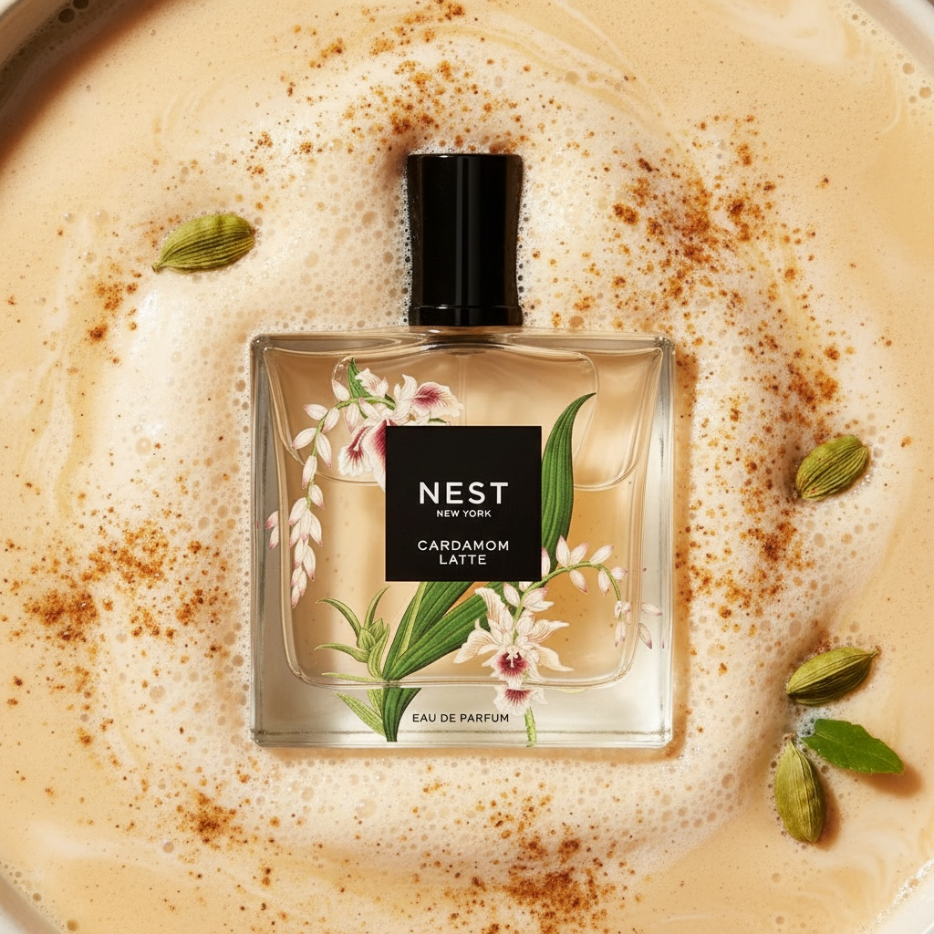 NEST New York Cardamom Latte styled with cardamom pods, creamy coconut milk