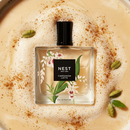 NEST New York Cardamom Latte styled with cardamom pods, creamy coconut milk
