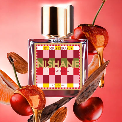 Nishane Oudous Cerasus perfume sample styled with dark wood and cherries