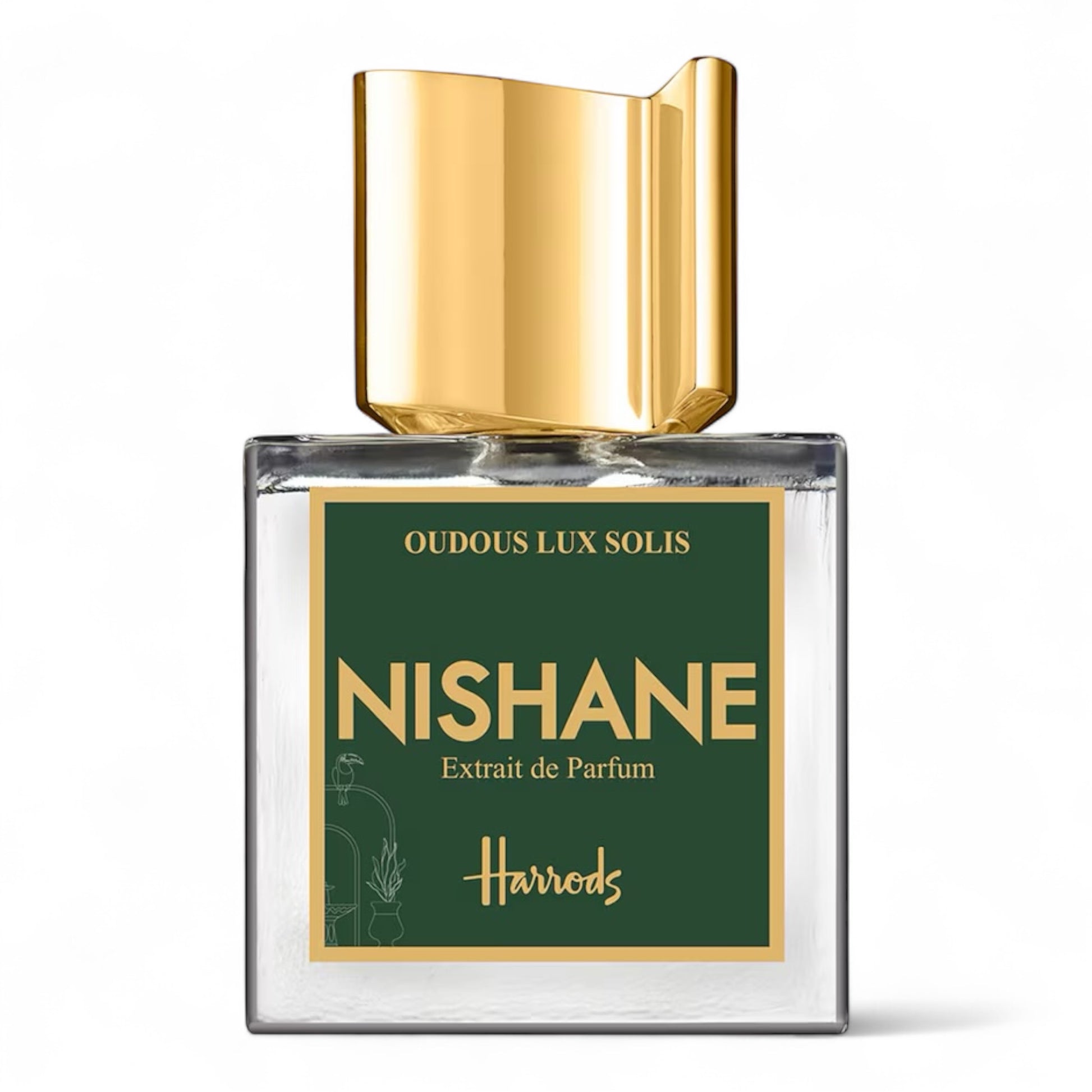 Nishane Oudous Lux Solis fragrance sample – honeyed oud with tropical fruits and patchouli, pictured 100ml full‑size bottle
