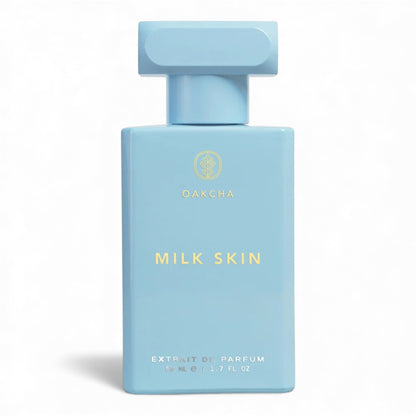 Oakcha Milk Skin fragrance sample, a soft milky gourmand scent with warm milk, almond and skin musk shown in retail bottle for decanting.