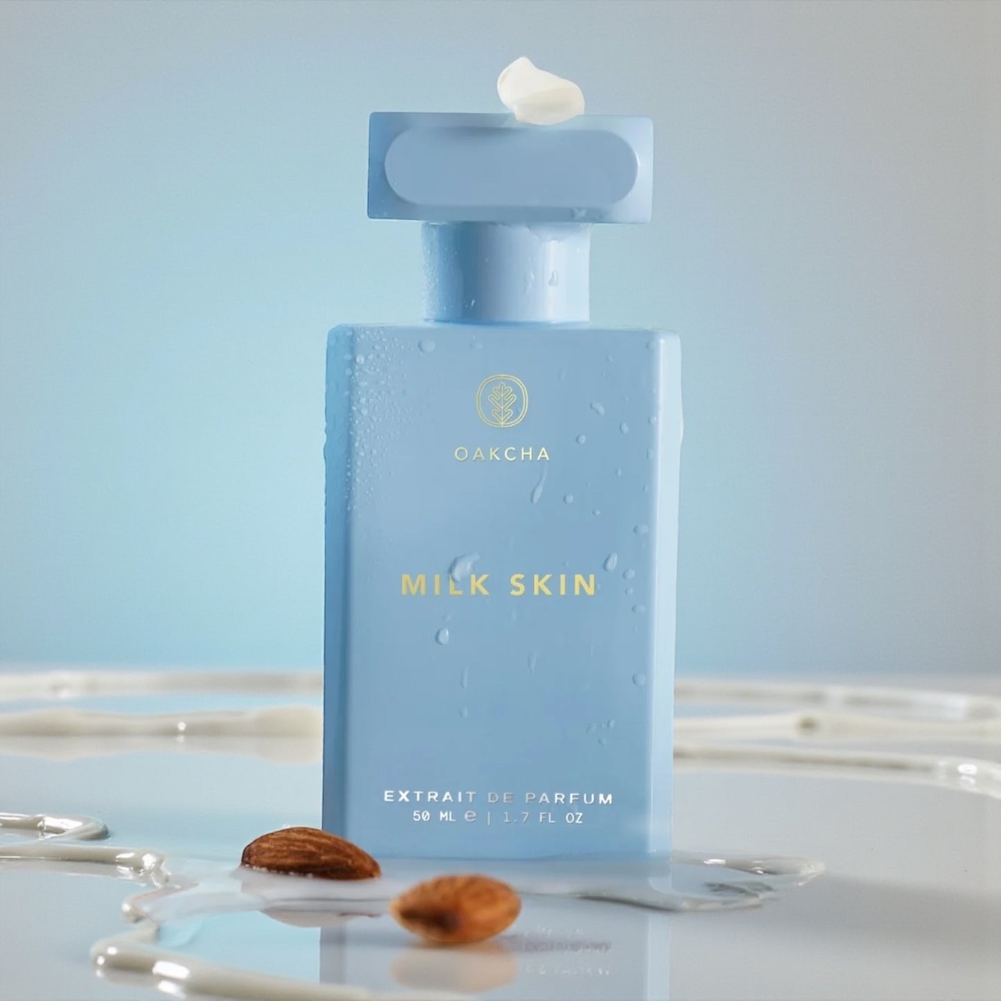 Oakcha Milk Skin perfume sample styled in a warm minimal setting to highlight its milk, vanilla and sweet cream notes.