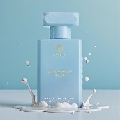 Oakcha Steamed Milk perfume sample styled in a soft cafe inspired setting to highlight its coconut, caramel and vanilla milk notes.