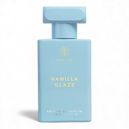 Oakcha Vanilla Glaze fragrance sample, a creamy vanilla gourmand scent with milk, spun sugar and caramel shown in retail bottle for decanting.