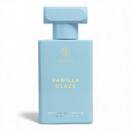 Oakcha Vanilla Glaze fragrance sample, a creamy vanilla gourmand scent with milk, spun sugar and caramel shown in retail bottle for decanting.