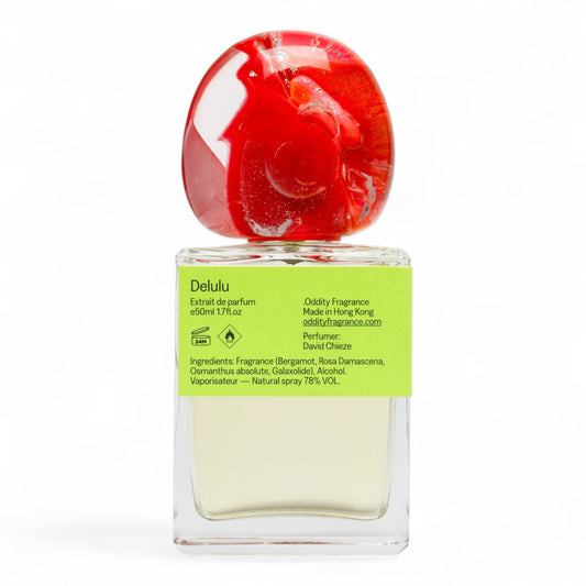 Oddity Delulu fragrance sample - tangy rhubarb and jammy berries with musk and sandalwood, pictured full 50ml bottle