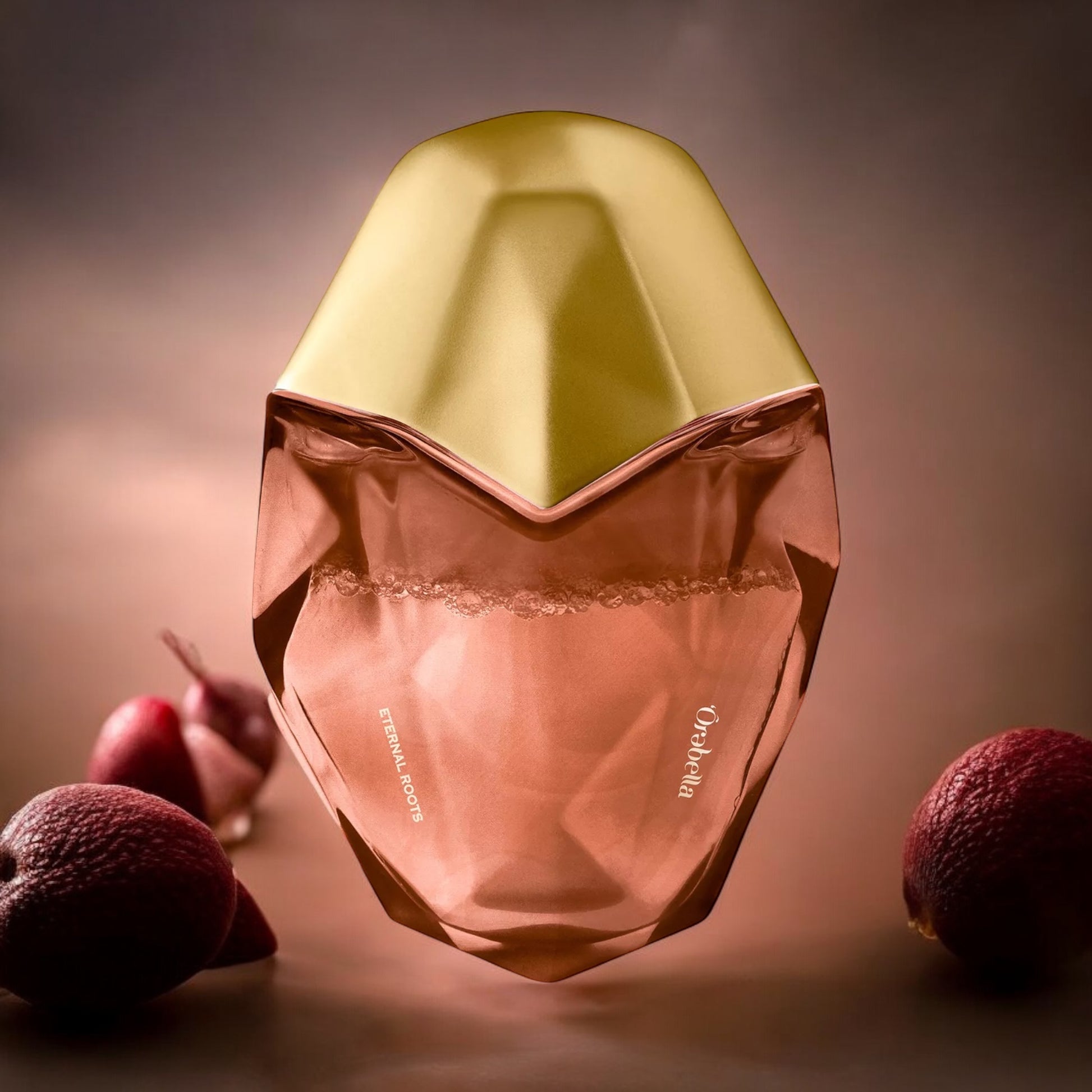Orebella Eternal Roots fragrance sample - woody fruity perfume with lychee and smoky woods styled in an elegant lifestyle setting