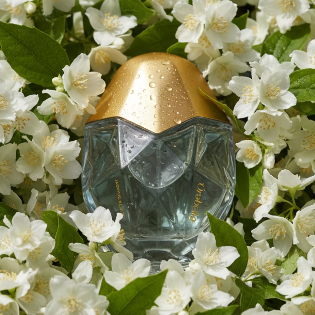 Orebella Jasmine Blues perfume styled in a soft, luminous jasmine setting