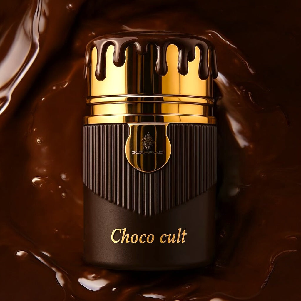 Paris Corner Choco Cult perfume sample - rich dessert-like fragrance styled in a warm, indulgent setting.