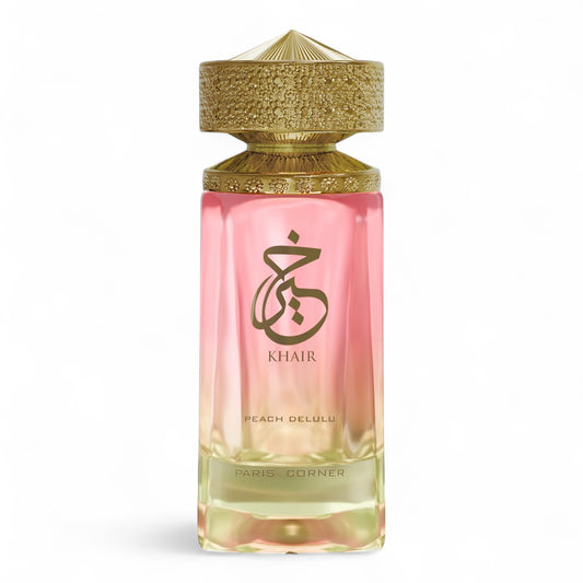 Paris Corner Khair Peach Delulu fragrance sample - peach, guava, rose and caramel perfume in 100ml bottle