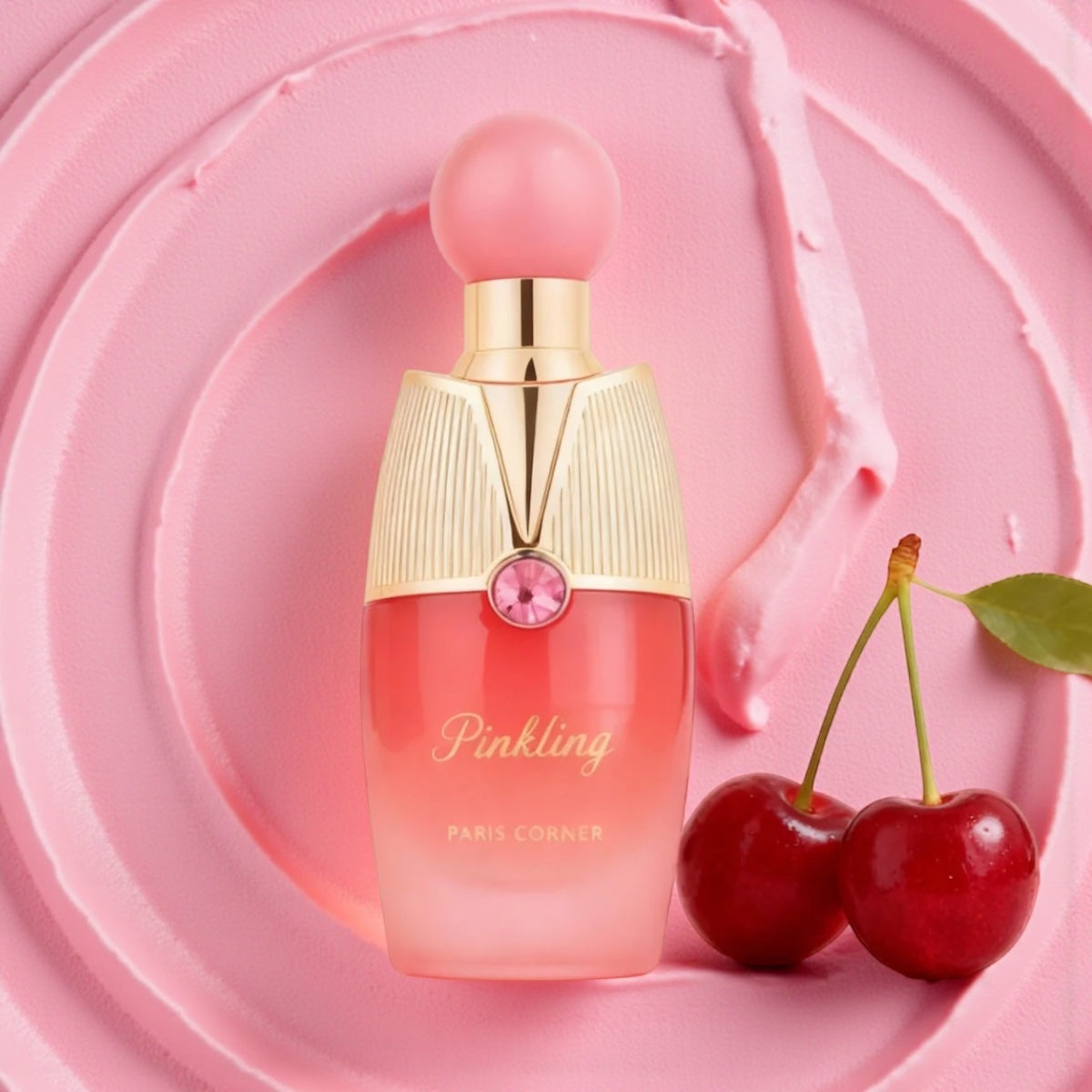 Paris Corner Pinkling perfume styled in a soft, pink creamy settimng with a juicy cherry
