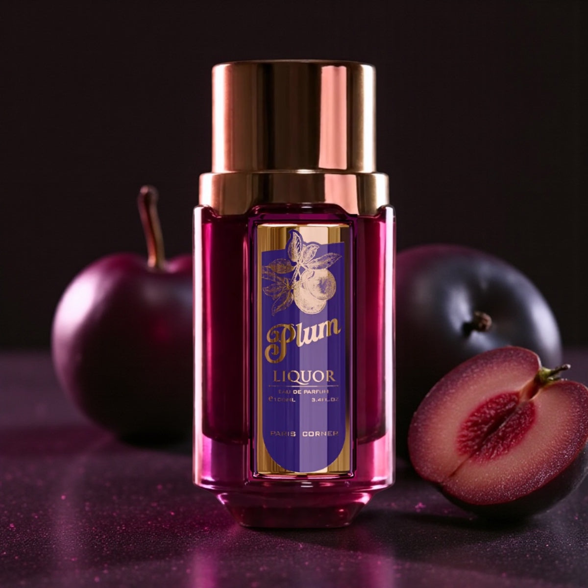 Paris Corner Plum Liquor perfume styled in a dark, elegant setting with juicy plums