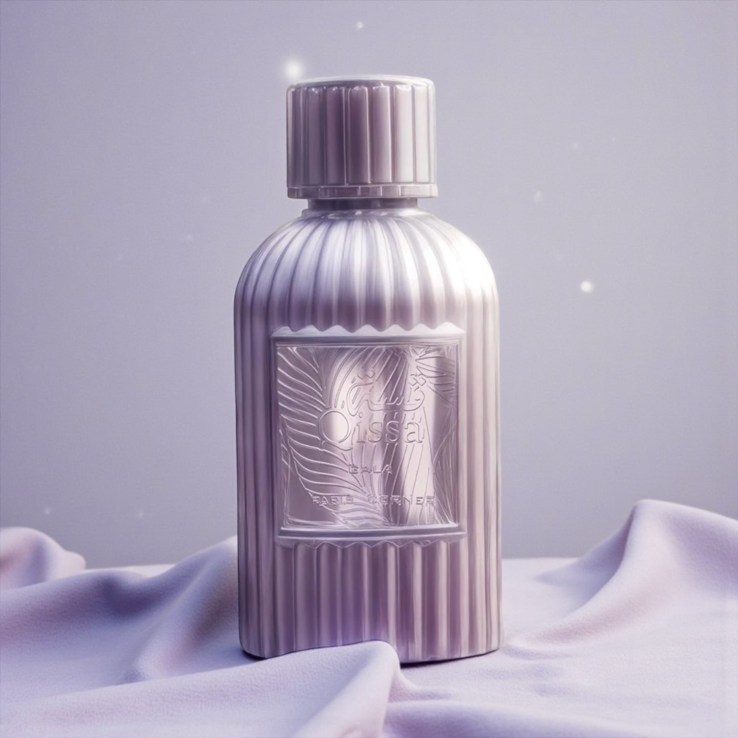 Paris Corner Qissa Gala perfume sample styled in a soft romantic setting to highlight its tuberose, plum and creamy vanilla notes.