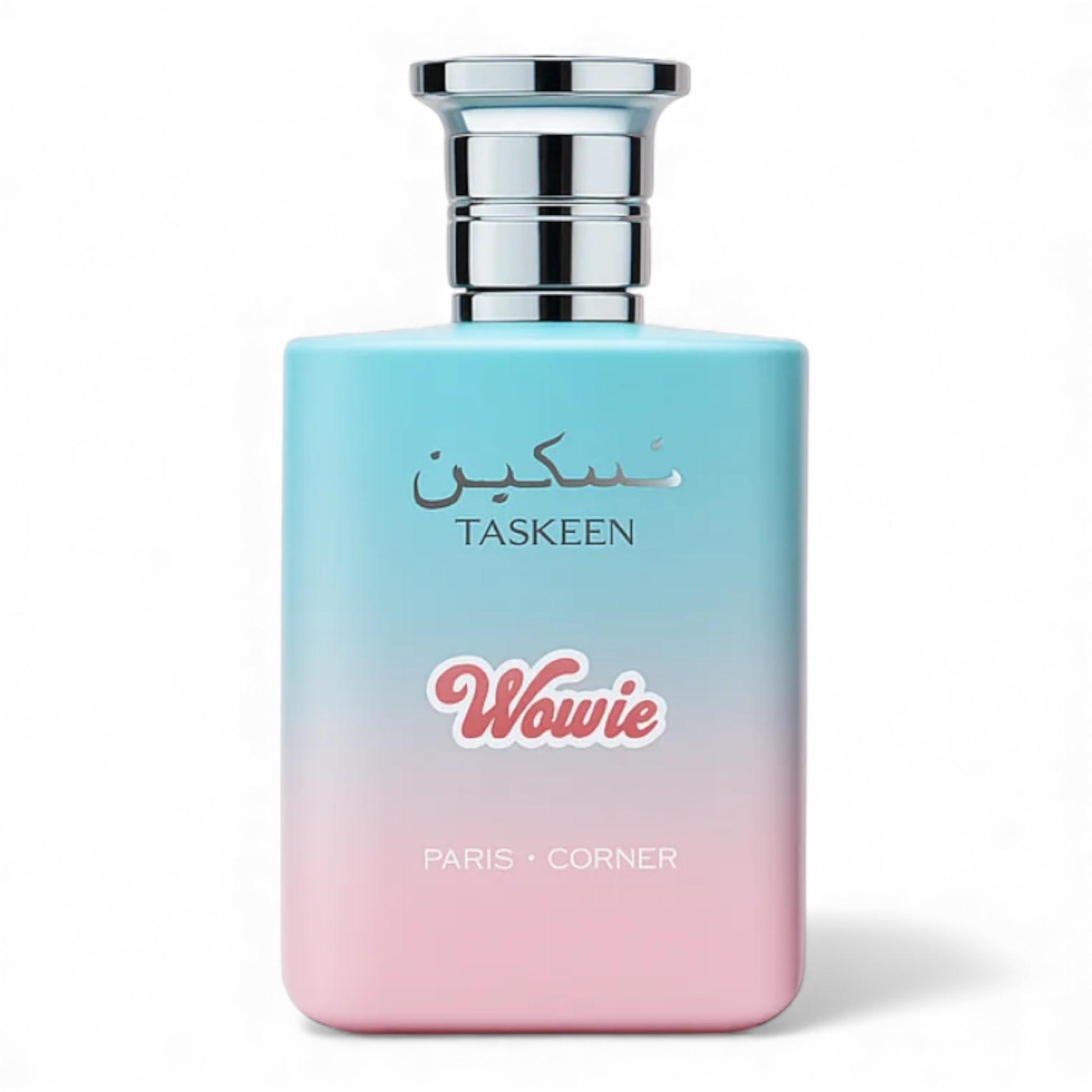 Paris Corner Taskeen Wowie fragrance sample, a rich spiced gourmand scent with mandarin, rum and caramel shown in retail bottle for decanting.