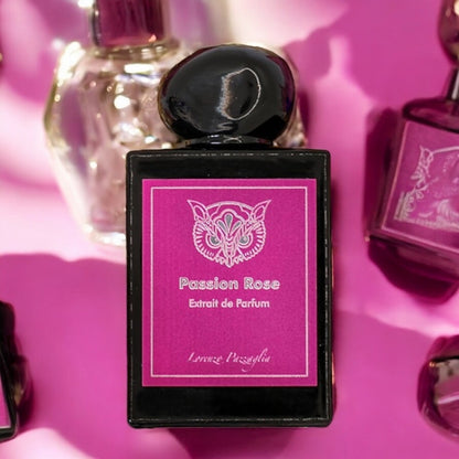 Close-up of Passion Rose perfume sample, highlighting its lush rose notes, sweet fruit, and sensual leather.