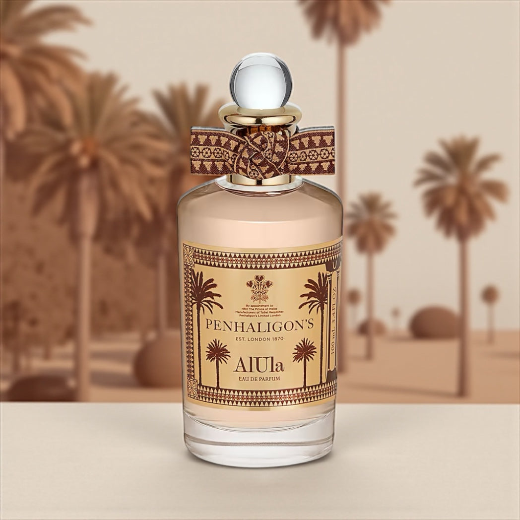 Penhaligon’s AlUla perfume sample – plum, vanilla, and saffron notes styled in a warm desert-inspired setting.