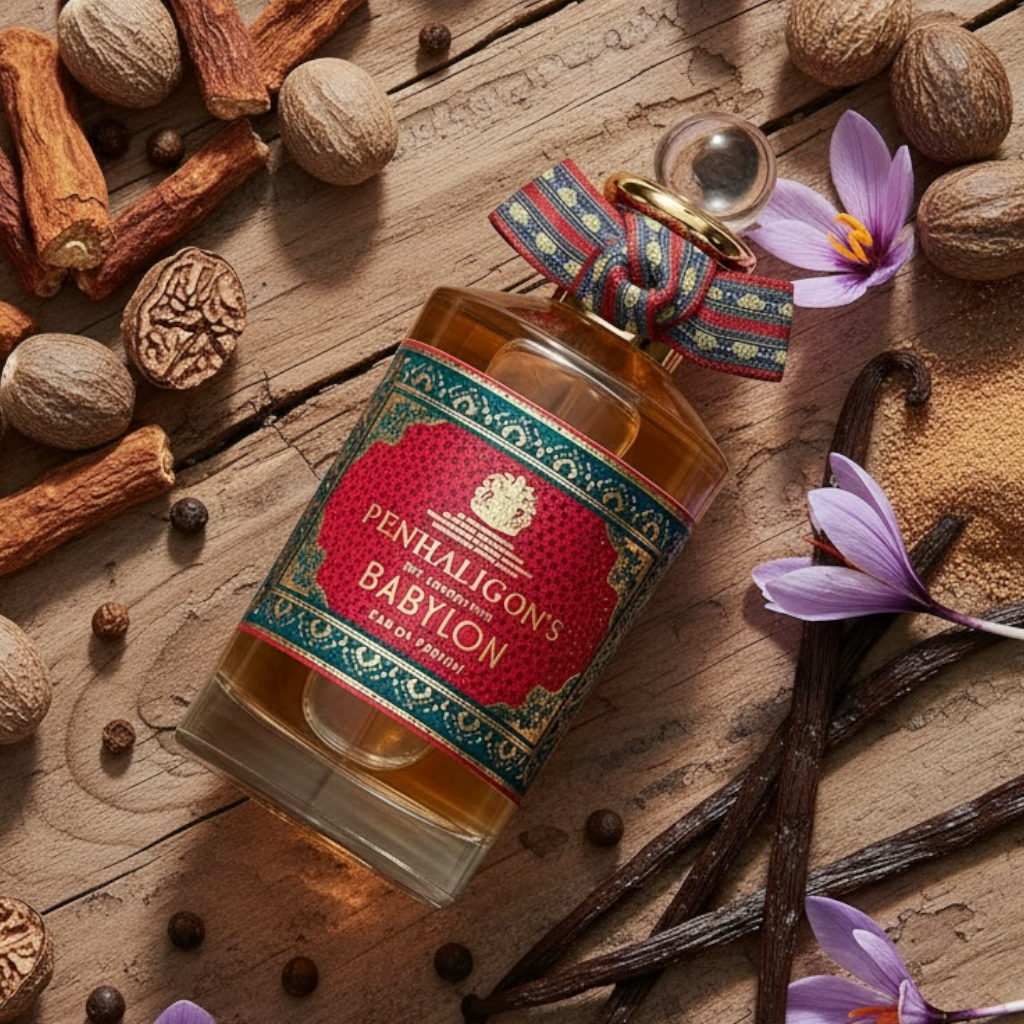 Penhaligon's Babylon styled with saffron, warm spices, sandalwood, cedarwood and vanilla