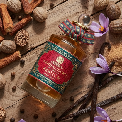 Penhaligon's Babylon styled with saffron, warm spices, sandalwood, cedarwood and vanilla
